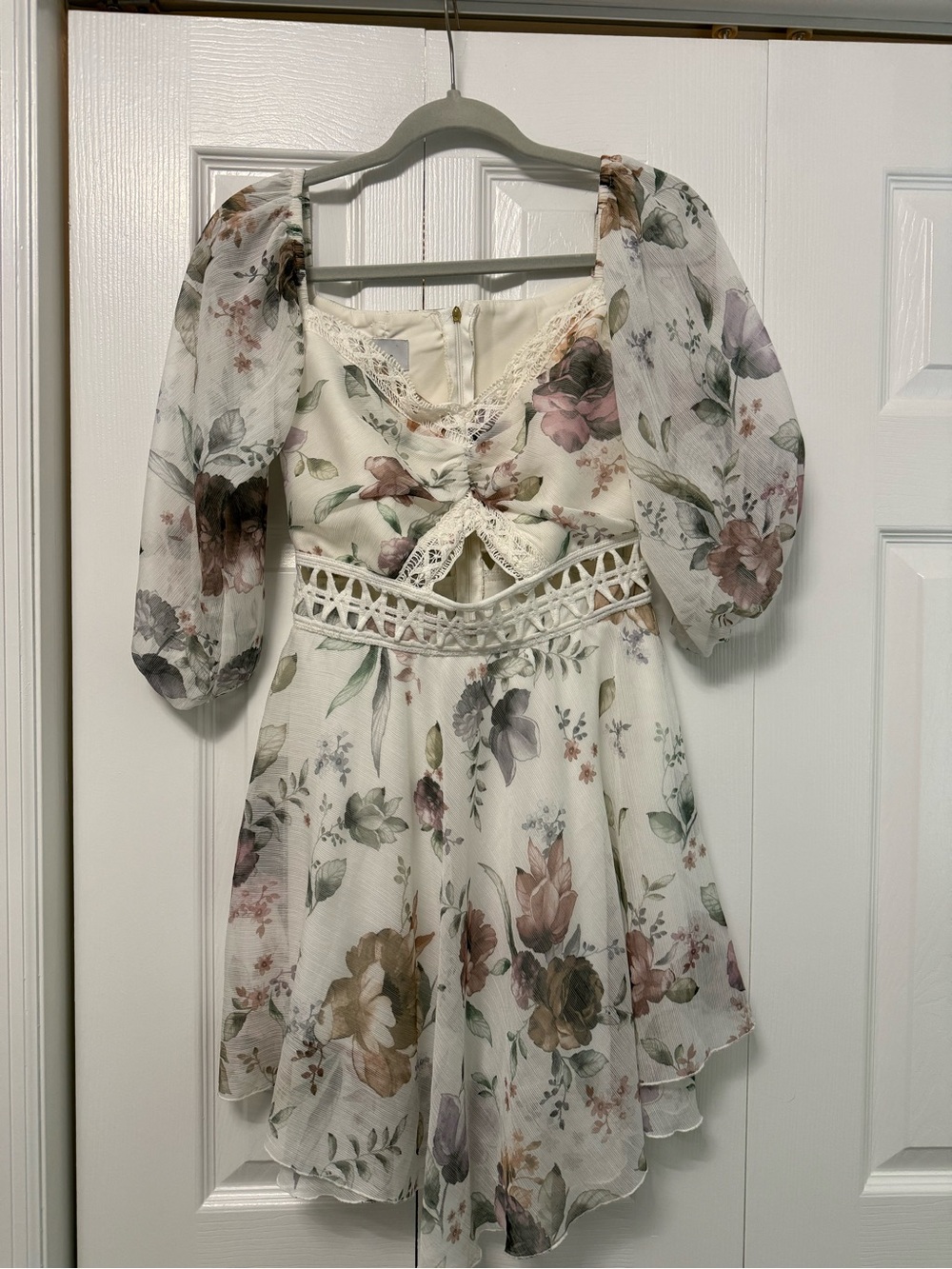 BSB Floral Puff Sleeve Mini Dress in Cream with Pastel Blooms